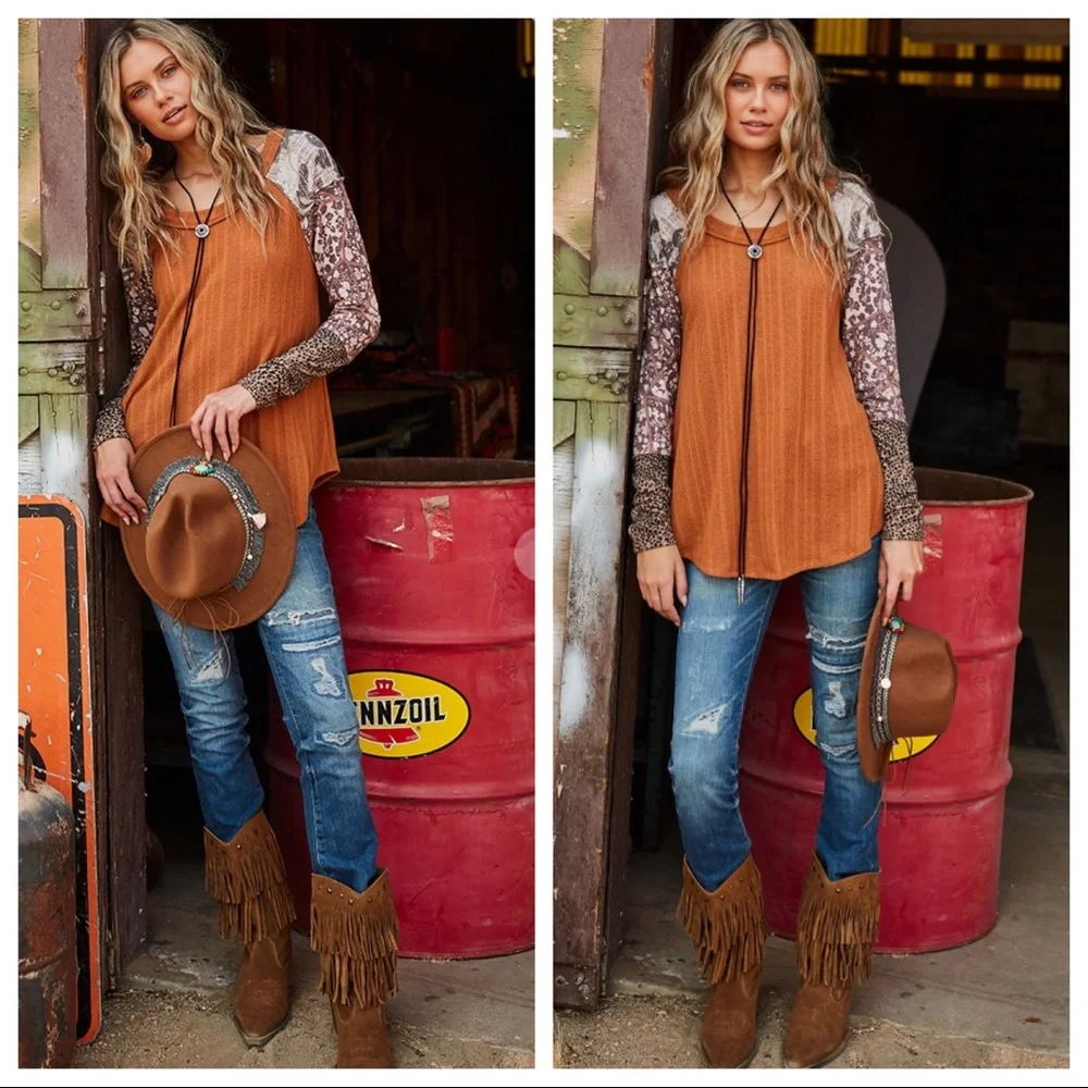 Alison  Mixed Print Contrast boho chic sleeve top - Picture 5 of 6